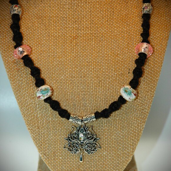 Lotus Flower Blue Flower Accent Beads on a 21 1/2" Handmade black Hemp Necklace - Picture 2 of 7